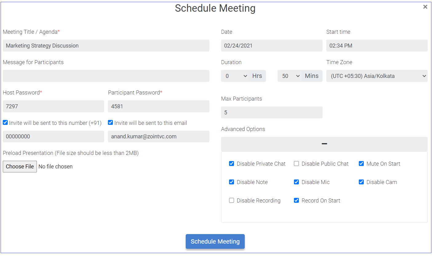 Schedule meeting form Advanced Options